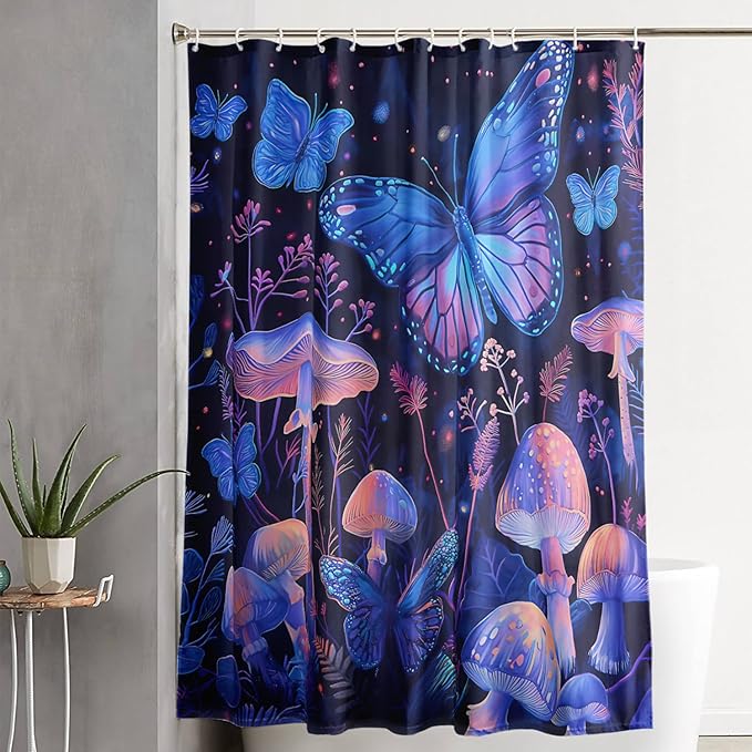 AILONEN Blue Butterfly Shower Curtain,Magic Mushroom Waterproof Fabric Bath Curtain for Kids Girl,Boho Style Shower Curtain Set for Bathroom,Natural Fungal Plant Shower Curtain with Hooks 72" W*96" H