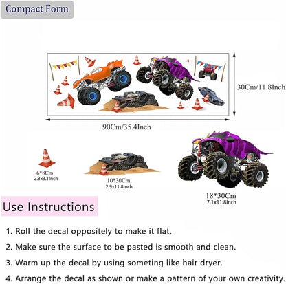 Racing Car Wall Stickers Monster Truck Vehicles Peel and Stick Wall Art Decals for Boys Room Kids Bedroom Playroom (Style1)