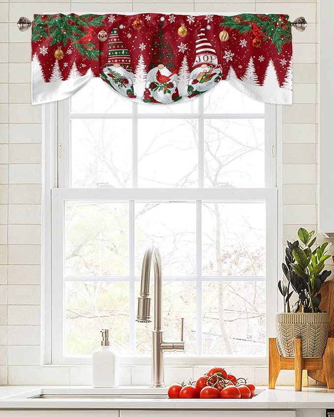 Christmas Gnomes Blackout Tie Up Valance Curtains for Kitchen Windows Red Winter Holidays Window Toppers Balloon Shades for Living Room/Bathroom/Bedroom,1 Panel,42" X 12" White Snowflakes Xmas Trees