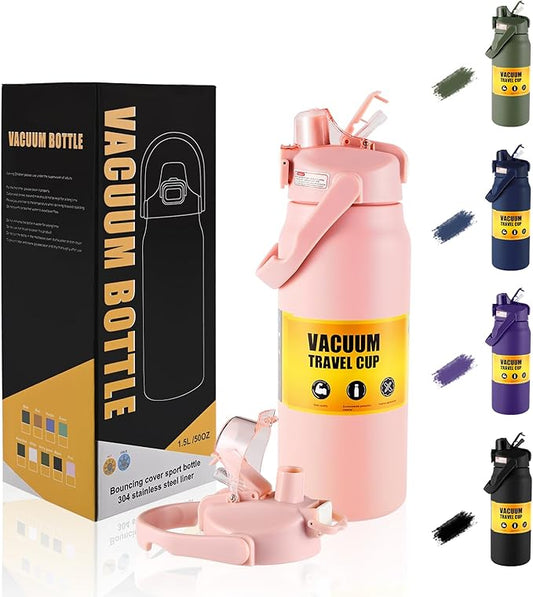 50oz/1.5L Insulated Sports Water Bottle, Stainless Steel Double Wall Water Jug with Handle, 2-in-1 Chug Spout and Straw Lid with Lock Cover for School, Outdoor, Sports & Travel, Pink