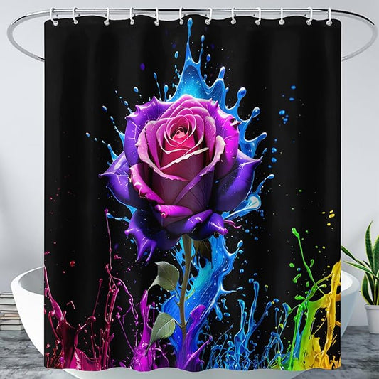 AILONEN Purple Rose Flower Shower Curtain for Bathroom,Splash-Ink Rose Bath Curtain for Kids Girls Women,Romantic Minimalism Curtain Waterproof with 12 Plastic Hooks, 60" W*72" H