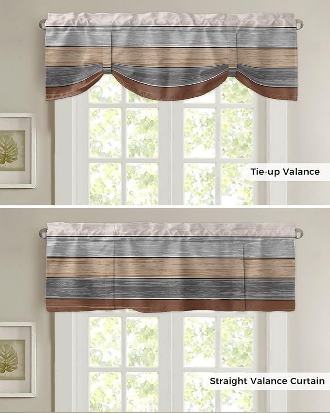 Farmhouse Fall Blackout Tie Up Valance Curtains for Kitchen Windows, Brown Grey Window Toppers Balloon Shades for Living Room/Bathroom/Bedroom,1 Panel,54" X 18" Retro Rustic Barn Wood Texture