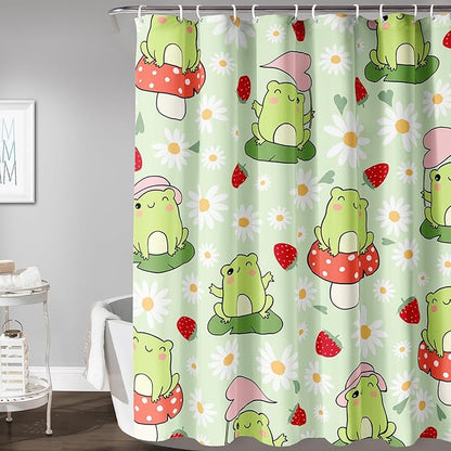 AILONEN Cute Frog Shower Curtain for Bathroom, Kawaii Strawberry and Frog Bath Curtain,Mushroom Frog Kids Girls Waterproof Curtain with 12 Plastic Hooks(36" W*72" H)