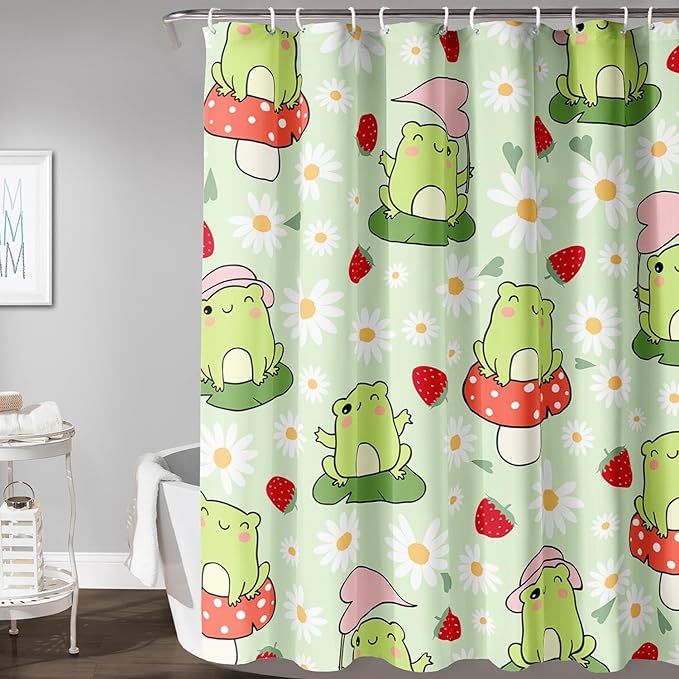 AILONEN Cute Frog Shower Curtain for Bathroom, Kawaii Strawberry and Frog Bath Curtain,Mushroom Frog Kids Girls Waterproof Curtain with 12 Plastic Hooks(72" W*78" H)