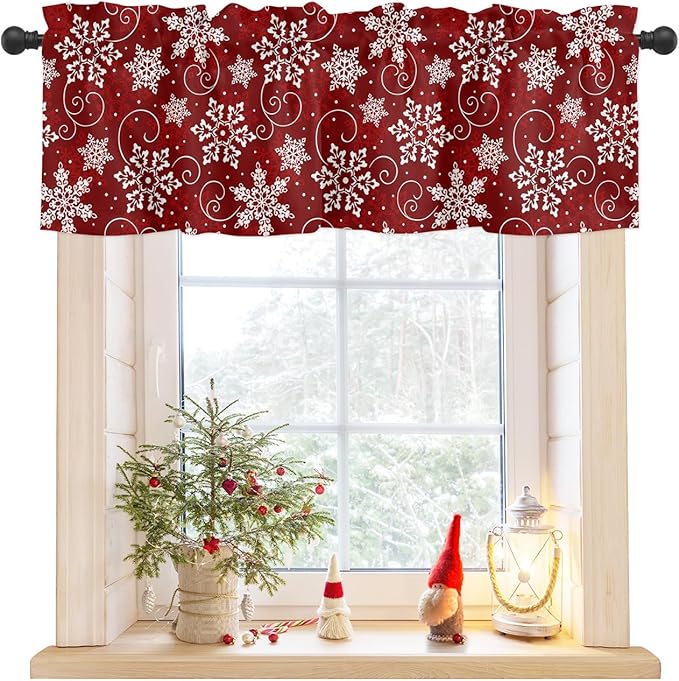 Christmas Valance Curtains for Kitchen Windows Red White Snowflakes Pattern Rod Pocket Window Treatment Toppers for Kitchen/Living Room/Bedroom/Bathroom, 54" X 18", Winter