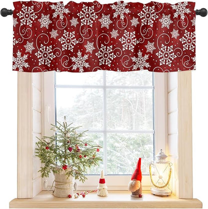 Christmas Valance Curtains for Kitchen Windows Red White Snowflakes Pattern Rod Pocket Window Treatment Toppers for Kitchen/Living Room/Bedroom/Bathroom, 42" X 18", Winter