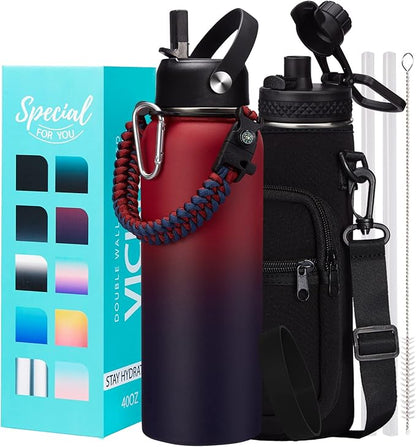 40 OZ Insulated Water Bottles with Straw Lid, Stainless Steel Water Bottle for Men Women, Wide Mouth Water Flask Sports Hydro Jug with Shoulder Carrier Bag, Paracord Handle, Straw & Spout Lids