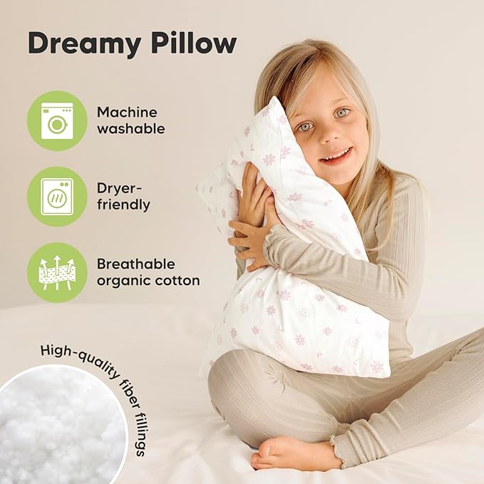2-Pack Toddler Pillow - Soft Organic Cotton Toddler Pillows for Sleeping - 13X18 Small Pillow for Kids - Kids Pillows for Sleeping - Kids Pillow for Travel, School, Nap, Age 2 to 5 (Daisy)