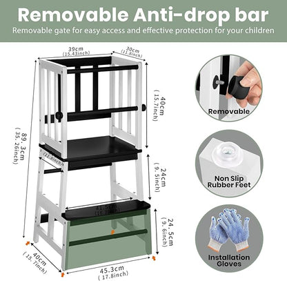 COSYLAND Kids Kitchen Step Stool, Toddler Standing Tower with CPC & FSC Certification, Removable Anti-Drop Railing Safety Rail Enjoys Unique Patented Design A Anti-tip Stable Structure Black & White