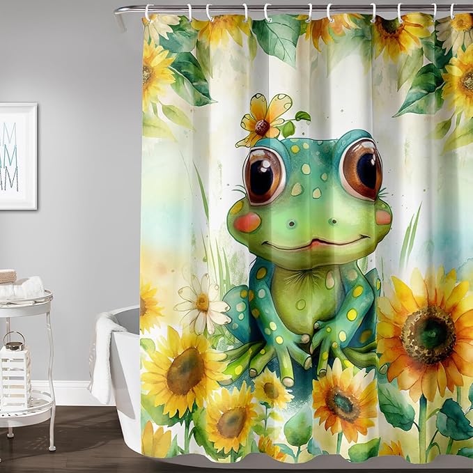 AILONEN Cartoon Green Frog Shower Curtain,Watercolor Sunflower Shower Curtain,Cute Kawaii Frog Curtain for Kids Girls Boys,Yellow Flower Animal Frog Print Waterproof Bath Curtain 72" W x 96" H