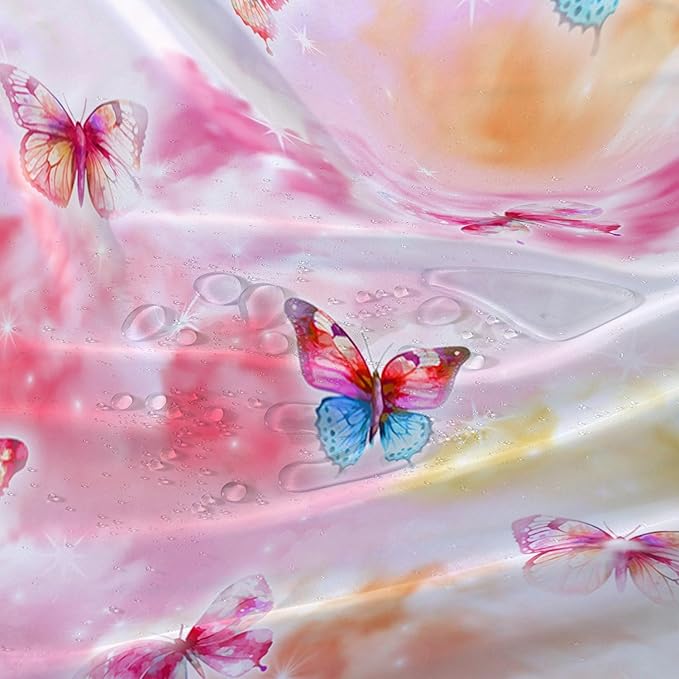 AILONEN Butterflies Shower Curtain Set, Colourful Butterfly Washable Fabric Shower Curtain for Girls,Shining Stars Waterproof Shower Curtain for Pink Lover,48" W*72" H