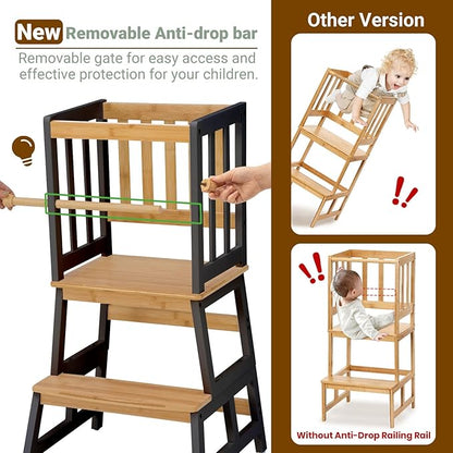 COSYLAND Kids Kitchen Step Stool, Toddler Standing Tower with CPC & FSC Certification, Removable Anti-Drop Railing Safety Rail Enjoys Unique Patented Design A Anti-tip Stable Structure Natural & Black