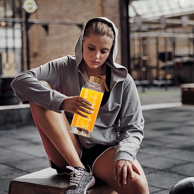 Crazy Music 32 oz Clear Glass Water Bottles,Reusable Glass Juicing Bottles with Bamboo Leak Proof Lids -Sports Water Bottle with Time Marker for Gym, Sports, Outdoors(Gold RosesTheme)