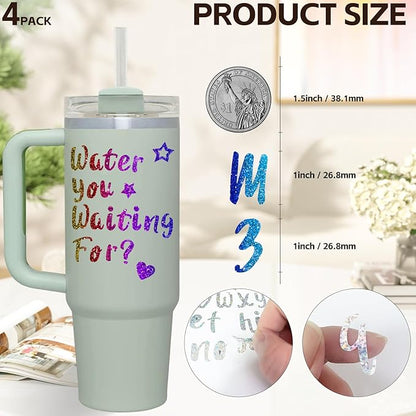 4 Pack Personalized Letters Tags Stickers for Stanley Cups, Self Adhesive Waterproof Vinyl Alphabet Number Sticker, Shiny Logo Decor for Tumbler Adults Kids Laptop Sign Desk Classroom