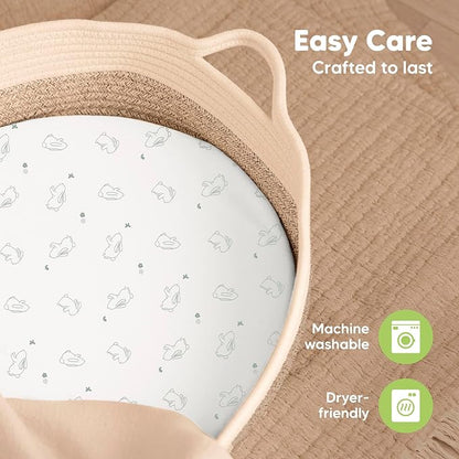 2-Pack Baby Bassinet Sheets Girl, Boy - Viscose Derived from Bamboo Fitted Bassinet Sheets Compatible with Halo Bassinest Swivel Sleeper, Baby Delight, Graco Bedside Bassinet Mattress Sheet (Bunnies)