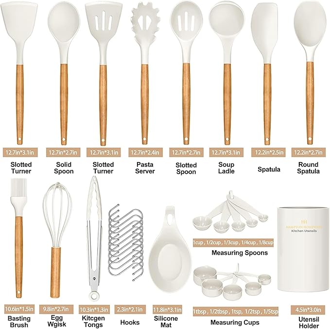 Kitchen Utensils Set, 33 pcs Non-Stick Silicone Cooking Utensils Set, Heat-Resistant Silicone, Wooden Utensils for Cooking, Kitchen Gadgets Spatula Set, Apartment Essentials Kitchen Set (White)