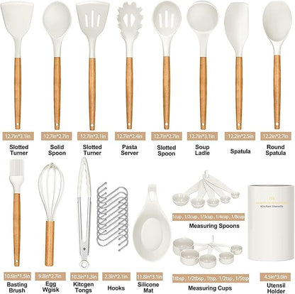 Kitchen Utensils Set, 33 pcs Non-Stick Silicone Cooking Utensils Set, Heat-Resistant Silicone, Wooden Utensils for Cooking, Kitchen Gadgets Spatula Set, Apartment Essentials Kitchen Set (White)