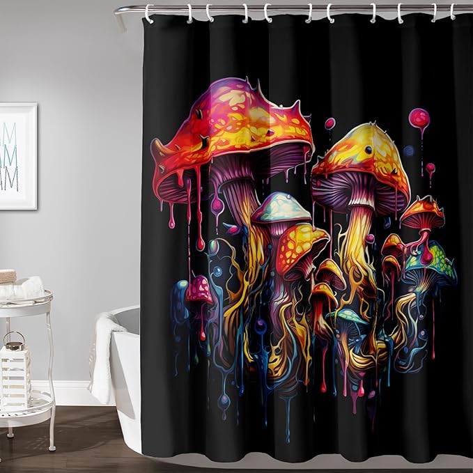 AILONEN Mushroom Shower Curtain,Oil Painting Mushroom Bath Curtain,Cartoon Mushroom Magic Fungus Print Black Waterproof Shower Curtain with 12 Plastic Hooks, 72" W x 78" H