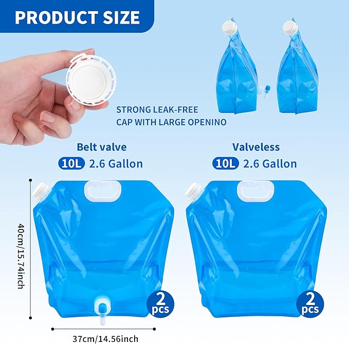 Collapsable Emergency Water Storage Bag Bundle Total 4 Pack Each 2.6 Gallon, BPA Free Food Grade Plastic Storage Water Jug, No-Leak Foldable Portable & Freezable Camping Water Container Bag