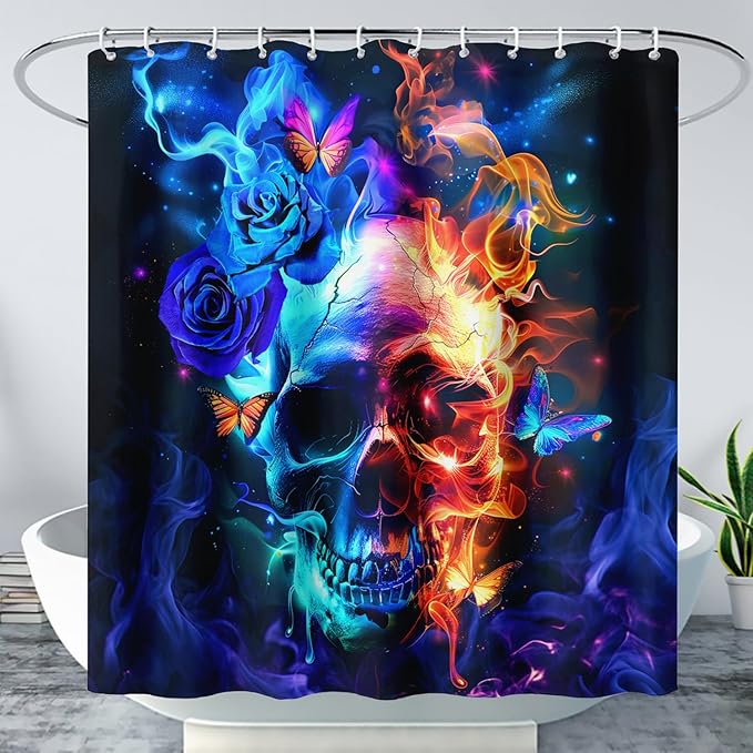 AILONEN Sugar Skull Shower Curtain,Blue Rose Flower Skull Bath Curtain,3D Printed Fire Skull Waterproof Curtain,Galaxy Butterfly Shower Curtain for Bathroom 48" W x 72" H