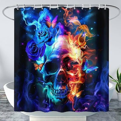 AILONEN Sugar Skull Shower Curtain,Blue Rose Flower Skull Bath Curtain,3D Printed Fire Skull Waterproof Curtain,Galaxy Butterfly Shower Curtain for Bathroom 72" W x 96" H