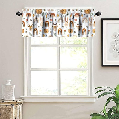 Cartoon Valance Curtains, Watercolor Forest Animal Print Kitchen Curtains for Livng Room Bedroom Bathroom Cafe Decoration, Woodland Bear Print Kitchen Valance with Rod Pocket 54x18 Inch, 1 Panel