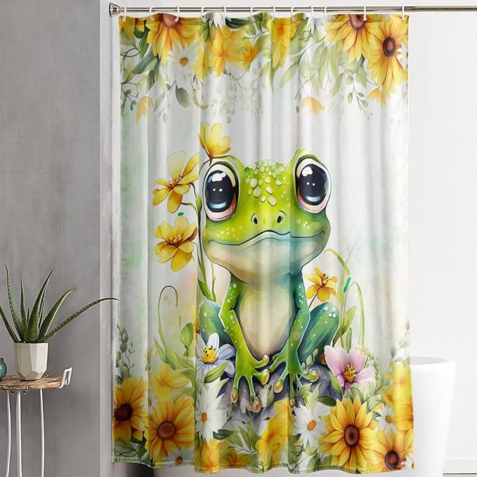 AILONEN Green Frog Shower Curtain,Cute Cartoon Frog Waterproof Fabric Shower Curtain for Bathroom,Beautiful Sunflower Kawaii Tree Frog Shower Curtain Set with Hooks for Kids Boys Girls,36" W*72" H
