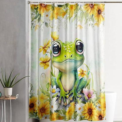 AILONEN Green Frog Shower Curtain,Cute Cartoon Frog Waterproof Fabric Shower Curtain for Bathroom,Beautiful Sunflower Kawaii Tree Frog Shower Curtain Set with Hooks for Kids Boys Girls,36" W*72" H
