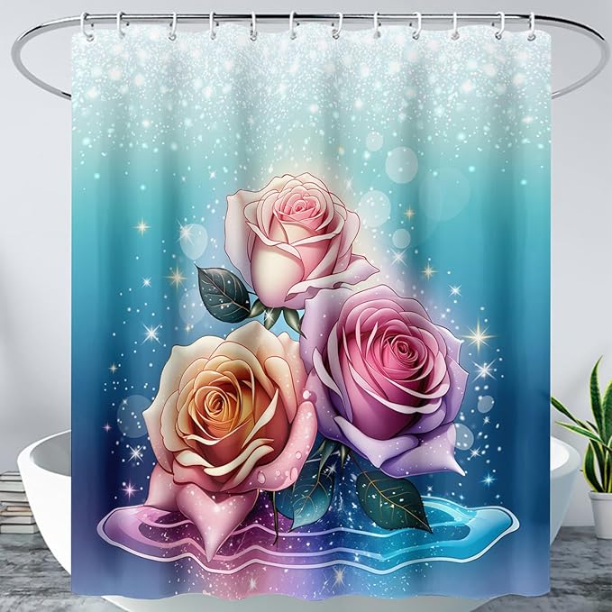 AILONEN Rose Shower Curtain for Bathroom Decor,Galaxy Pink Rose Bath Curtain Gifts for Girls Women,Modern Minimalism Curtain,Polyester Waterproof with 12 Plastic Hooks, 72" W*72" H