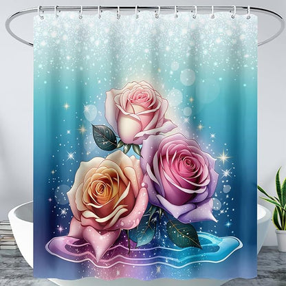 AILONEN Rose Shower Curtain for Bathroom Decor,Galaxy Pink Rose Bath Curtain Gifts for Girls Women,Modern Minimalism Curtain,Polyester Waterproof with 12 Plastic Hooks, 48" W*72" H