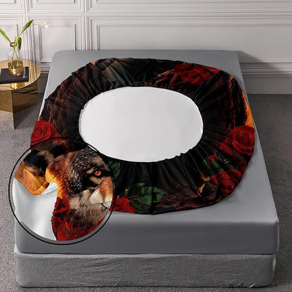 AILONEN Girls Wolf Fitted Sheet Set Twin XL Size, 3 Pieces Bedding Set Red Rose Wolf Sheet Set for Women Teen Kids,Wildlife Bed Sheet Set Wolf Fitted Sheet with 2 Pillowcases