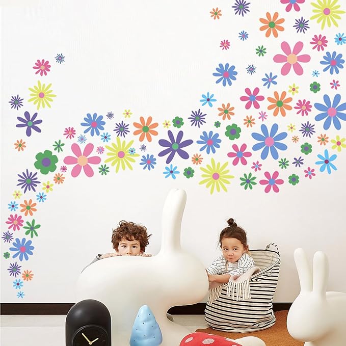 Amaonm 12 Sheets Large Daisy Wall Decals DIY Boho Sunflower Wall Stickers Peel and Stick Colorful ins Daisy Floral Wall Decor for Nursery Little Girls Teens Bedroom Living Room (9 Sheets of 90pcs)