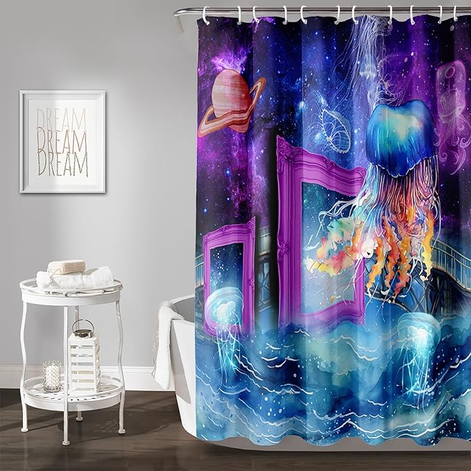 AILONEN Colorful Jellyfish Shower Curtains,Purple Galaxy Bath Curtains,Planet Jellyfish Curtains for Kids Boys Girls,Polyester Waterproof for Bathroom with 12 Hooks,36" W*72" H Purple