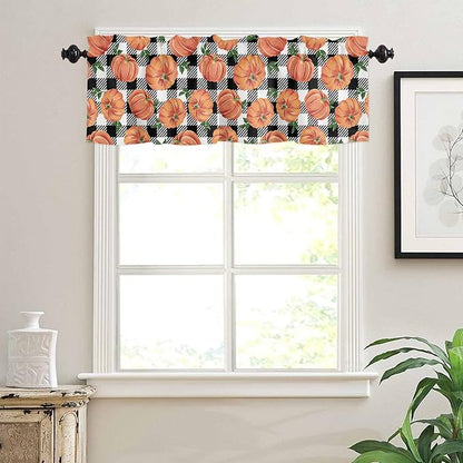 Fall Kitchen Curtains and Valances Set, Thanksgiving Halloween Pumpkins Small Window Treatments Tiers Half/Short Curtains for Cafe /Living Room/ Bedroom 54x 36 in, Farmhouse Black White Buffalo Plaid