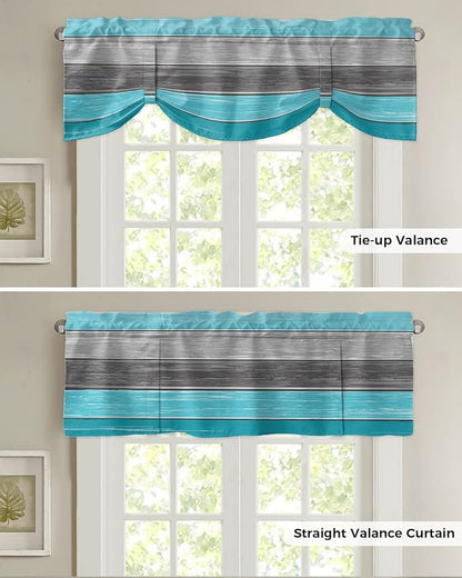 Farmhouse Blackout Tie Up Valance Curtains for Kitchen Windows, Aqua Blue Gray Window Toppers Balloon Shades for Living Room/Bathroom/Bedroom,1 Panel,42" X 18" Retro Rustic Barn Wood Texture