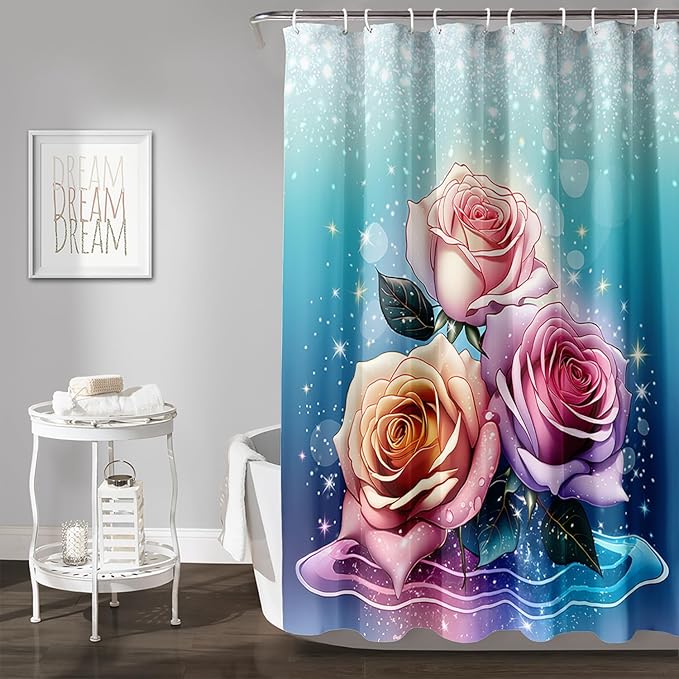 AILONEN Rose Shower Curtain for Bathroom Decor,Galaxy Pink Rose Bath Curtain Gifts for Girls Women,Modern Minimalism Curtain,Polyester Waterproof with 12 Plastic Hooks, 48" W*72" H