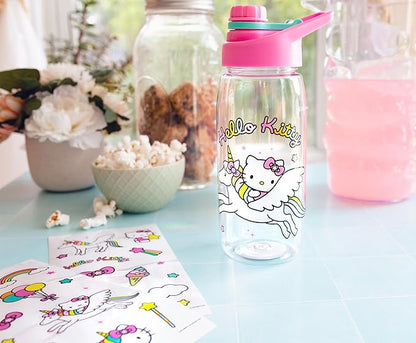 Sanrio Hello Kitty Unicorn Twist Spout Plastic Water Bottle Jug and Sticker Set For Personalizing | Holds 20 Ounces