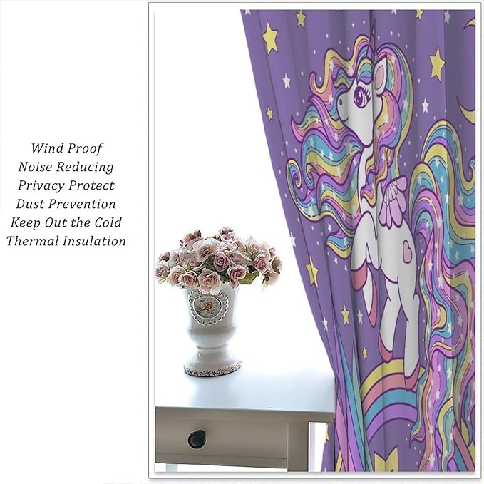 Unicorn Curtains Fantasy Star Moon Cartoon Theme Curtains Cute White Unicorn Rainbow Design Printed Curtains Boys Girls Room Curtains 63x72 Inch 2 Panels