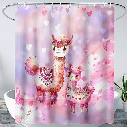 AILONEN Kawaii Llama Shower Curtain for Kids Girls,Watercolor Llama Alpaca Theme Bath Curtain,Boho Llama Hearts Print Pink Shower Curtain Waterproof for Bathroom with 12 Plastic Hooks, 72" W*78" H