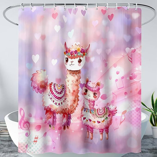 AILONEN Kawaii Llama Shower Curtain for Kids Girls,Watercolor Llama Alpaca Theme Bath Curtain,Boho Llama Hearts Print Pink Shower Curtain Waterproof for Bathroom with 12 Plastic Hooks, 36" W*72" H