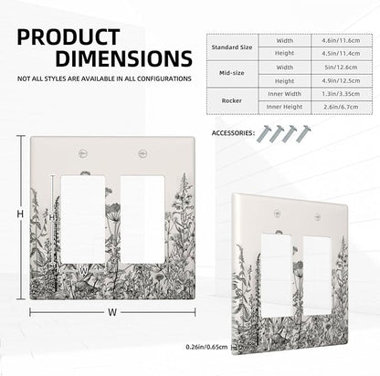 Vintage Grey Floral Herbs Wild Flowers Botanical 2 Gang Rocker Decora Boho Light Switch Covers Decorative Country Unique Dual Outlet Covers Wall Plate Electrical Faceplate Switchplate GFCI