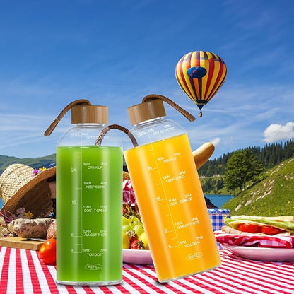 Crazy Music 32 oz Clear Glass Water Bottles,Reusable Glass Juicing Bottles with Stainless Steel Leak Proof Lids -16 oz Sports Water Bottle with Time Marker for Gym, Sports, Outdoors(32 Oz Gold