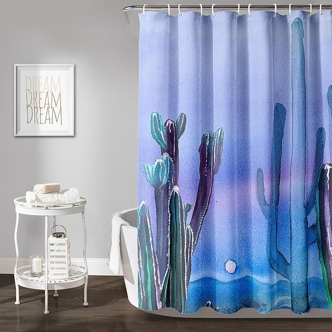 AILONEN Watercolor Cactus Shower Curtain,Blue-Purple Dreamy Theme Bathroom Fabric Shower Curtain for Boys Kids Teens, 72" W*72" H Night Cactus Forest Bathroom Decor