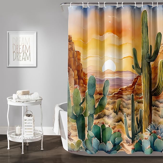 AILONEN Watercolor Cactus Shower Curtain,Orange Succulent Flower Waterproof Shower Curtains Set for Boys Kids Teens, 72" W*72" H Sunset Mountains Cactus Forest Shower Curtain