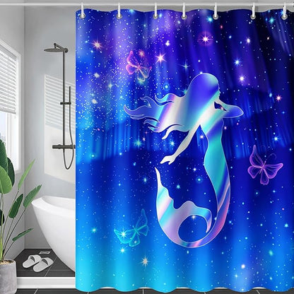 AILONEN Mermaid Shower Curtain for Bathroom,Blue Mermaid Star Girls Kids Bath Curtain 48" W*72" H,Beautiful Mermaid Decorative Waterproof Curtain with 12 Plastic Hooks