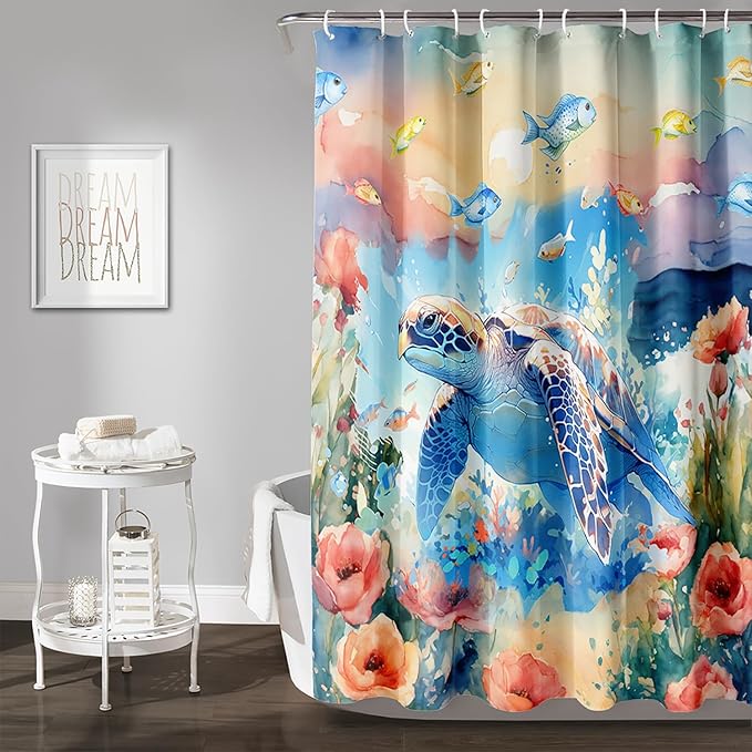 AILONEN Sea Turtle Shower Curtain,Watercolor Sea Turtle Bath Curtain for Girls Girls,Ocean Animal Fish Tie Dye Flower Shower Curtain for Bathroom Decor Waterproof with 12 Plastic Hooks, 36" W*72" H