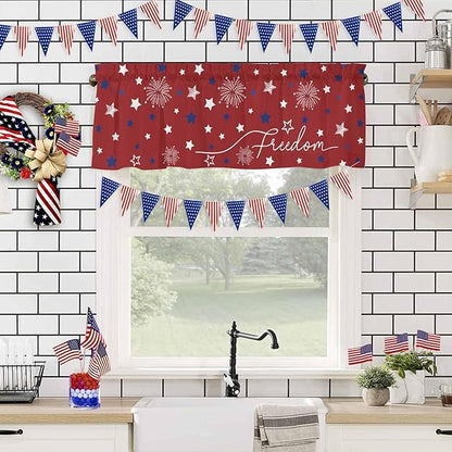 Patriotic 4th of July Kitchen Curtains Valances for Windows Red White Blue Stars Freedom Rod Pocket Window Treatment for Kitchen /Living Room/Bedroom/ Bathroom, 54" X 18", Memorial Day Summer