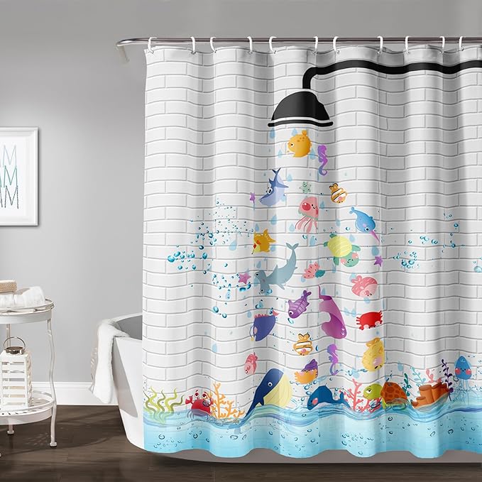 AILONEN Cute Fish Shower Curtain for Kids 36" W*72" H Inch,Raining Marine Animal Playing Water Shower Curtains,12 Pack Hooks Polyester Waterproof Fabric Decor for Bathroom Bathtub Panels