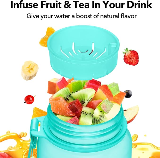 32oz/26oz Motivational Water Bottle with Time Marker & Fruit Strainer, Leak-proof BPA Free Non-Toxic 1l Bottle with Carrying Strap, Perfect for Fitness, Gym and Outdoor Sports Plastic