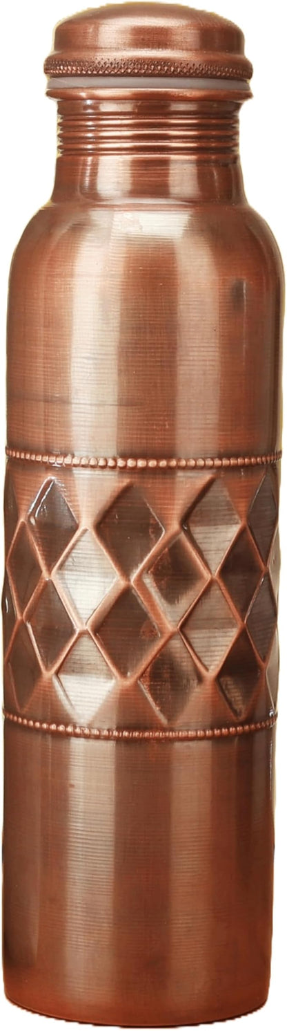 Copper Water Bottle for Drinking 34 Oz Large Handcrafted Ayurvedic Pure Copper Bottle Leak Proof Lid – Diamond Finish Copper Vessel with Carry Bag for Gym,Yoga, Meditation - 1000 ml / 1L